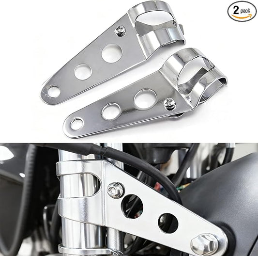 Silver Motorcycle Headlight Fork Mount Brackets 33-43mm 2 Pack | Solid Metal Construction, 33-43mm Adjustable Clamp, No Drilling Install, Fit Chopper Cafe Racer All Motorcycles