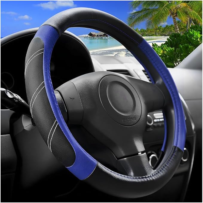 Zpana Car Steering Wheel Cover, 15 Inch Carbon Fiber Leather Non-Slip Steering Wheel Protector with Lining, Breathable Automotive Interior Accessories, Universal for SUV RV Truck (Blue)