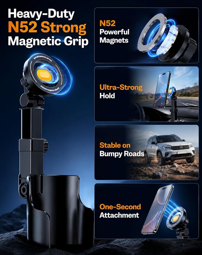 Car Cup Holder Phone Mount, 360° Adjustable N52 Magnetic (Magnetic) | Cup Holder Phone Mount for Car, 2 In 1 One Hand Operation Car Holder, Adjustable Base Cupholder Phone Holder for All Phones