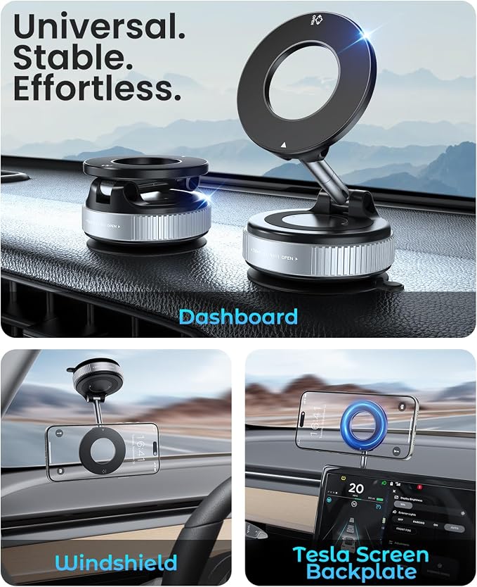 Jononser Magnetic Car Phone Holder for MagSafe, Nano-Gel Suction Cup Phone Mount for Dashboard & Windshield, Pocket-Size Foldable 360° Adjustable Car Mount for iPhone 17 16 15 14 13 12 Series, Silver
