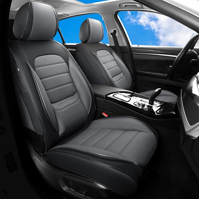 Car Seat Covers Full Set, Universal Leather Seat Covers for Cars, Breathable & Waterproof Automotive Seat Cover for Most Sedans, SUVs, Trucks, Full Coverage Seat Protector, Black Gray