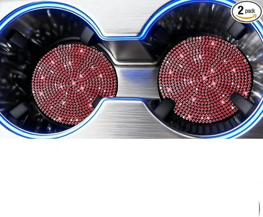 BFXM 2 PCS Bling Cup Holder Coaster, 2.75 inch Diamond Universal Non-Slip Silicone Cup Holder Coasters, Sparkly Bling Car Accessories for Women (Red)