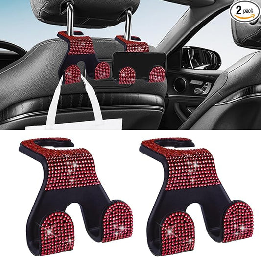 LAINLOY 2PCS Car Seat Headrest Hooks, Shiny Crystal Hanger Holder, Backseat Hanger Storage Organizer, Bling Rhinestone Car Purse Hook, Car Accessories for Women Universal for SUV Truck Vehicle (Red)