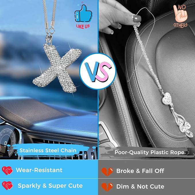 Bling Car Accessories for Women Letter Charm, Rear View Mirror Ornament Cute Hanging Crystal Pendant Girl Car Decorations, Lucky Diamond Rhinestone Girly Charm Interior (White X)