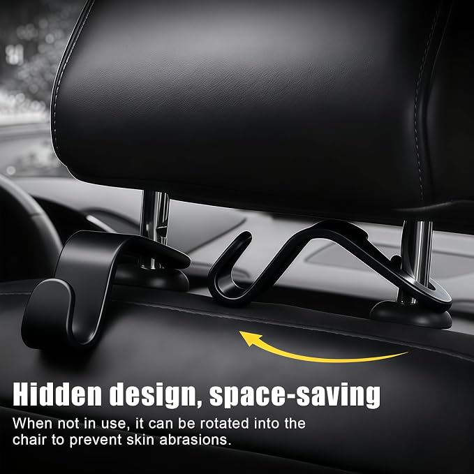 Purse Hook for Car, 4 PCS Car Purse Hook Headrest Hooks, 360° Rotatable Back Seat Storage Organizer, Universal Vehicle Seat Hanger for Purses, Handbags, Grocery Bags, Water Bottles, Black