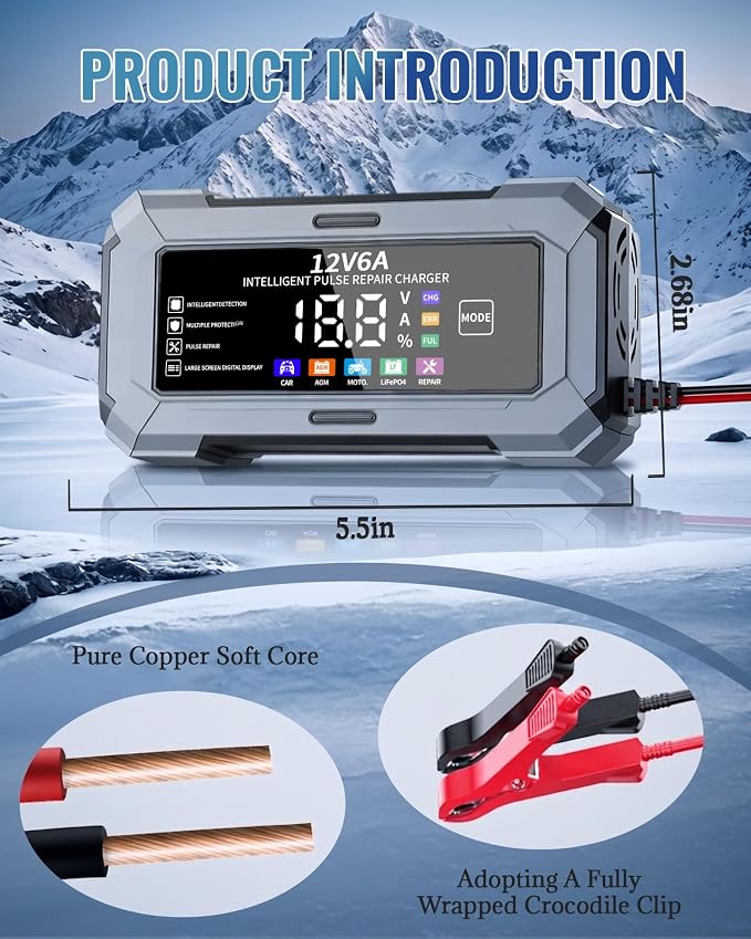 Car Battery Charger Automatic Trickle Charger and Battery Maintainer with Pulse Repair Digital Display Trickle Charger for Car Battery 12V6A Auto Battery Charger for AGM Motorcycle LiFePO4 Batteries