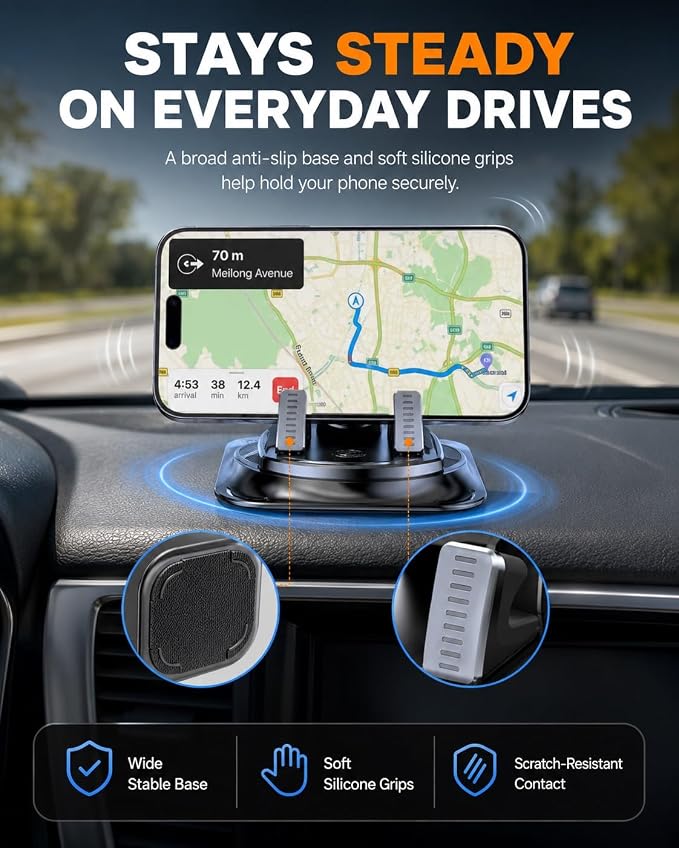 Car Phone Holder 360 Degree Rotation Navigation Mount Splendid Dashboard Windshield Accessories for Women Rotating Soporte De Telefono para Carro Grip Anti-Slip Grips(Mirror Edition)