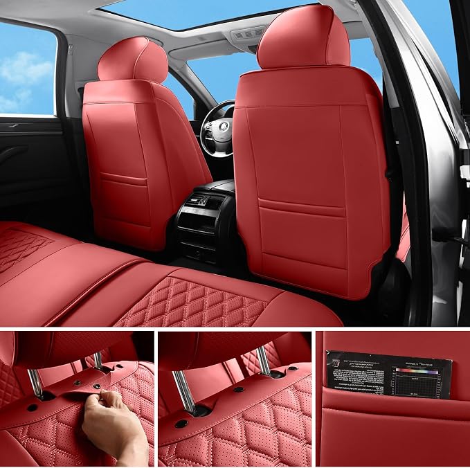 Car Seat Covers Full Set,5 Seat Leather Seat Covers for Cars,Front Seats and Back Seat Cover,Waterproof Car Seat Cushion Protectors,Universal Fit for Most Cars SUV Trucks (Red, Full Set)