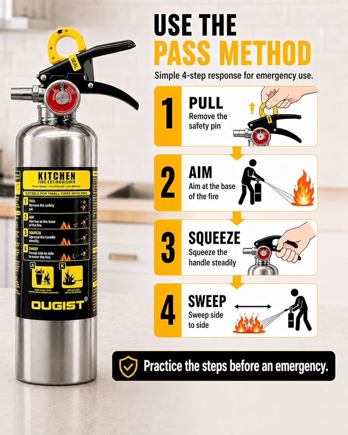 Ougist Class K Fire Extinguisher for Kitchen, 1-A:K, 40 Fl Oz Wet Chemical | For Small Cooking Oil and Grease Fires with Quick-Pull Access and Easier Cleanup for Kitchen and Food Truck Use