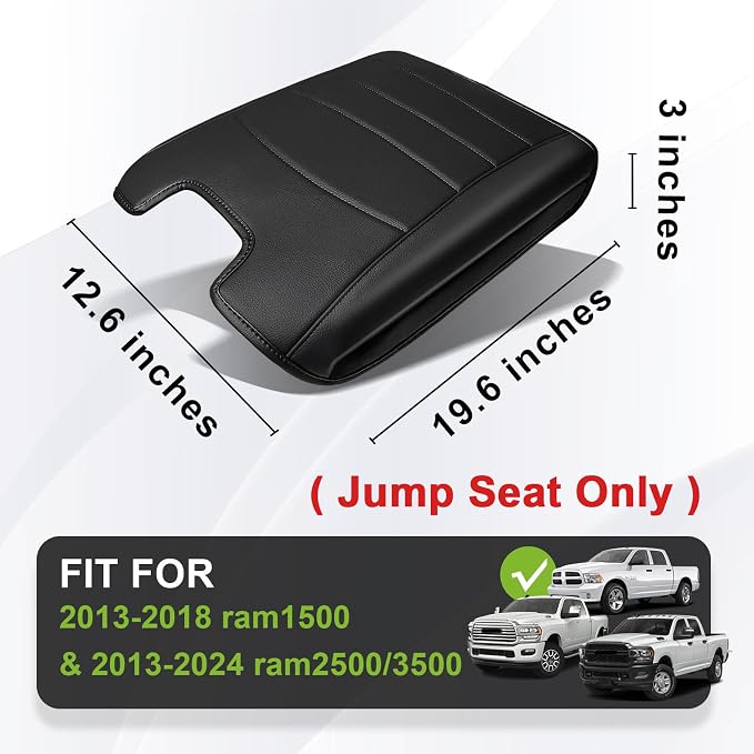 Muslogy Center Console Armrest Cover Fit for Dodge Ram 1500 2013-2018 & 2013-2026 Ram 2500/3500 Accessories, Comfort Armrest Pad Console Lid Cushion Vegan Leather Regular Thick(Jump Seat ONLY)