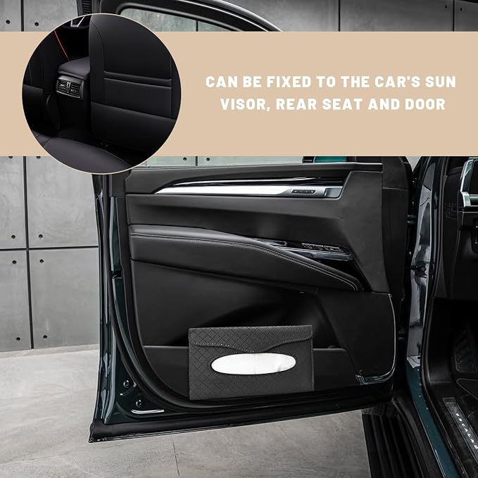 Car Tissue Holder, Auto Sun Visor Napkin Holder Hanging Paper Towel Dispenser with Tissue Refill, Easy Access Leather Paper Towel Storage Case for Most Vehicle Visors (Black)