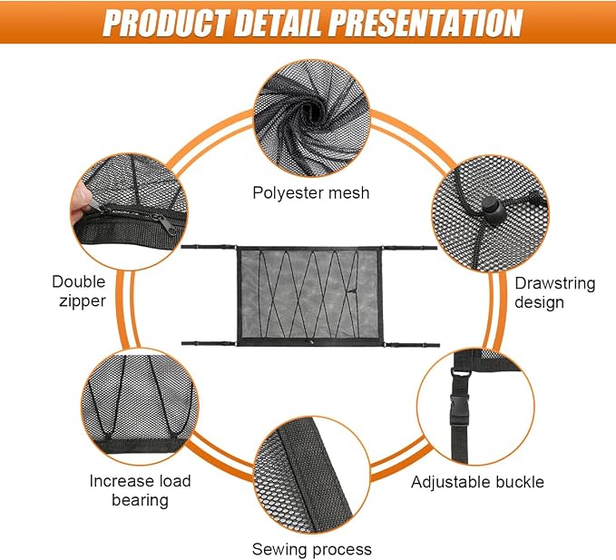 35.4"×25.6" Car Ceiling Cargo Net - Adjustable Buckle Car Roof Mesh Storage Organizer- Double Layer Roof Cargo Pocket Auto Roof Cargo Storage Net for Car SUV Camping Road Trip Essentials (35.4"×25.6")