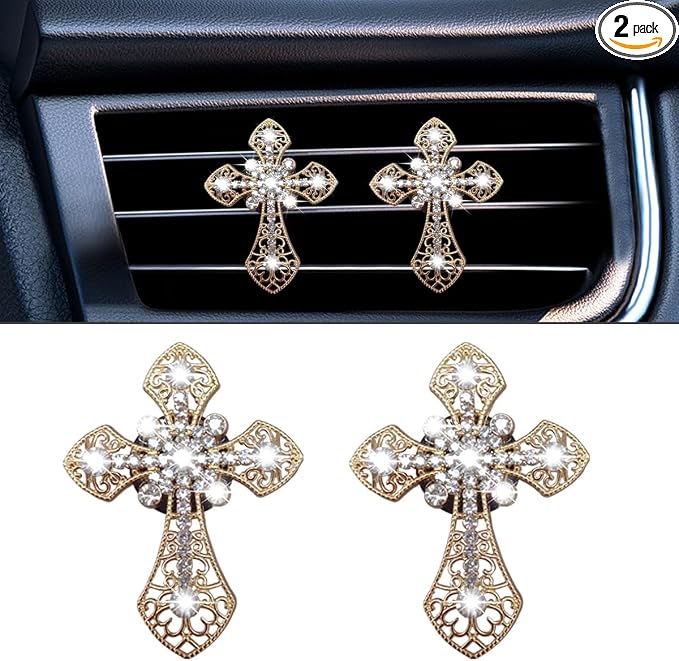 Bling Car Dashboard Air Vent Trim Clips, Crystal Rhinestone Air Vent Clips, Car Interior Decoration Accessories, Cross Air Conditioning Outlet Clip for Women Girls (Gold, 2PCS)