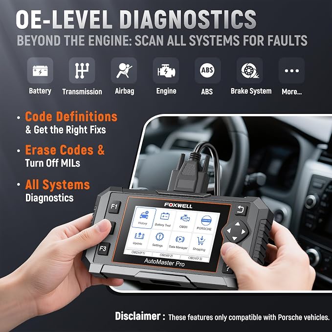 FOXWELL NT510 Pro OBD2 Scanner fit for Porsche, 2-in-1 Diagnostic Tool & 12V Battery Tester, Full System Bi-Directional Control Code Reader with All Resets, Oil Reset & Battery Registration Tool