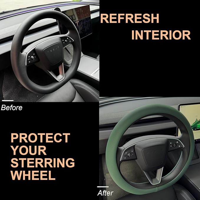 PINCTROT Nappa Leather Steering Wheel Cover for Tesla Model Y/3 Highland/Juniper, D Shaped 14 Inch Small Sized with Breathable Perforation, Fit Like Gloves, Flat Bottom 14 Inch(Nappa Green)