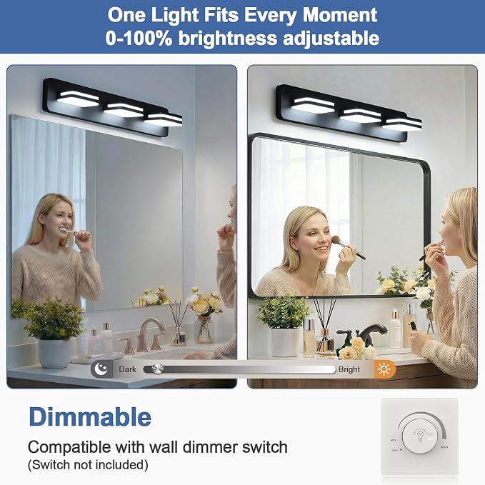 Torondo 360° Rotate LED Bathroom Vanity Light Fixtures, Acrylic Vanity Lights for Bathroom, Modern Wall Lighting Fixtures Over Mirror Living, Matte Black, 100%-0% Natural White, 3-Light, 17-Inch