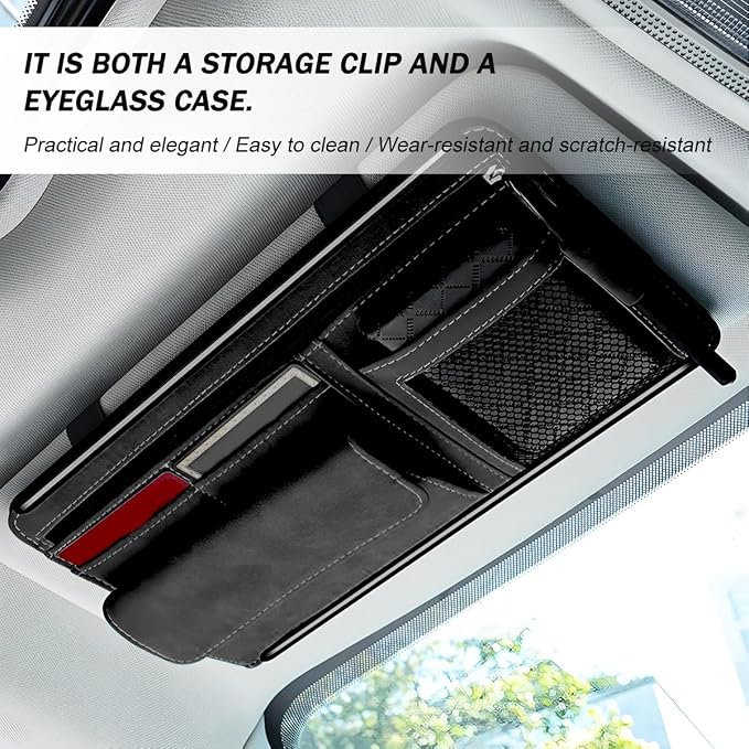 Car Sun Visor Organizer, Multi-Pocket Vehicle Sun Visor Storage Pouch with Sunglasses Box, Auto Interior Sunshade Eyeglasses Card Holder Organizers, Universal for SUV Sedan Truck (Black)