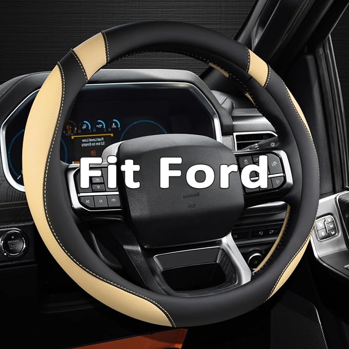 West Llama Customized Auto Car Steering Wheel Cover for Ford F-150, F-250, F-350, Expedition (Black+Beige)