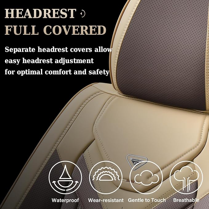 Coverado Car Seat Covers Full Set, Automotive Seat Covers Car Seat Protector Car Seat Cushion, Waterproof Leather Seat Covers for Cars, Universal Fit for Most Sedans SUV Pick-up Truck(Beige&Coffee)