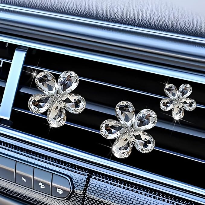 5PCS Bling Flower Car Air Vent Clips, Crystal Rhinestone Vehicle Air Conditioning Outlet Clip, Diamond Automotive Interior Decoration Charm, Universal for Automobile RV Truck (White)