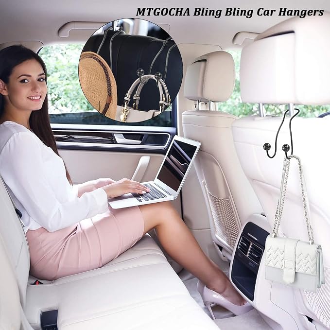 Bling Purse Hook for Car Headrest, Upgraded Cute Car Seat Hooks for Bag Handbag, Durable Stainless Auto Purse Hanger Holder 2 Pack, All Black