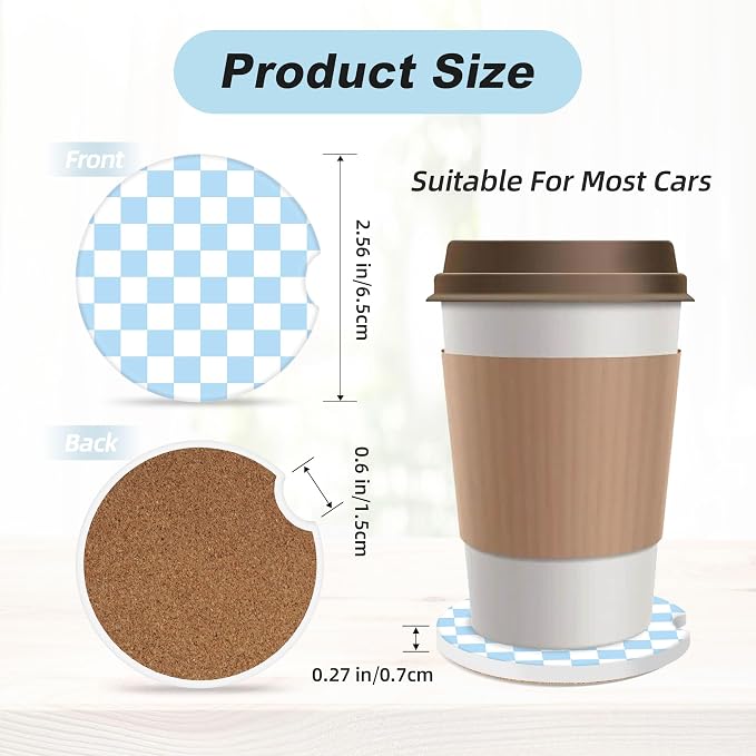 Blue and White Checkered Car Coasters for Cup Holders,2 Pack Car Cup Holder Coasters for Car,Ceramic Absorbent Car Coaster with A Finger Notch and Cork Base,Car Interior Accessories for Women Men