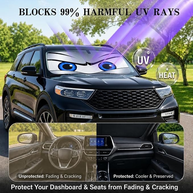 Car Windshield Sun Shade, Universal Fit Full-Size SUV Pickup, Sporty Silver | 63 x 33.86" Large Windshield Cover, Foldable Front Window Sunshade, UV Heat Blocker, Cute Eyes Series