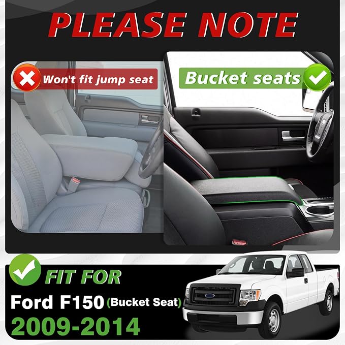 Muslogy Center Console Armrest Cover Fit for Ford F-150 F150 2009-2014 Accessories, Comfort Armrest Pad Console Lid Cushion Vegan Leather Regular Thick(Bucket Seat ONLY)