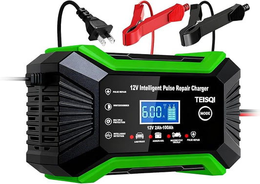 Car Battery Charger, 12V 6A Smart Battery Trickle Charger Automotive 12V Battery Maintainer Desulfator with Temperature Compensation for Car Motorcycle Mower Marine Lead Acid Batteries (Green)