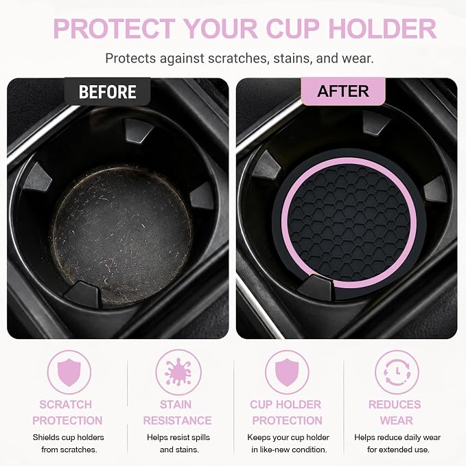 4PCS Car Cup Holder Coasters - 2.75 Inch Non-Slip Insert Water Bottle Holder Pads, Dustproof Automotive Interior Accessories Mat, Universal for Vehicles, Trucks, RVs (Pink Colour)