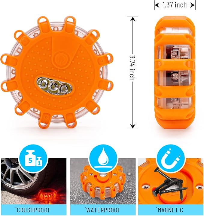 HEIGPAN GP903 LED Road Flares Safety Flashing Warning Lights, Magnetic Base Hook Carrying Bag 9 Flash Modes, for Car Truck Boat 3Pack(Batteries not Included) Orange