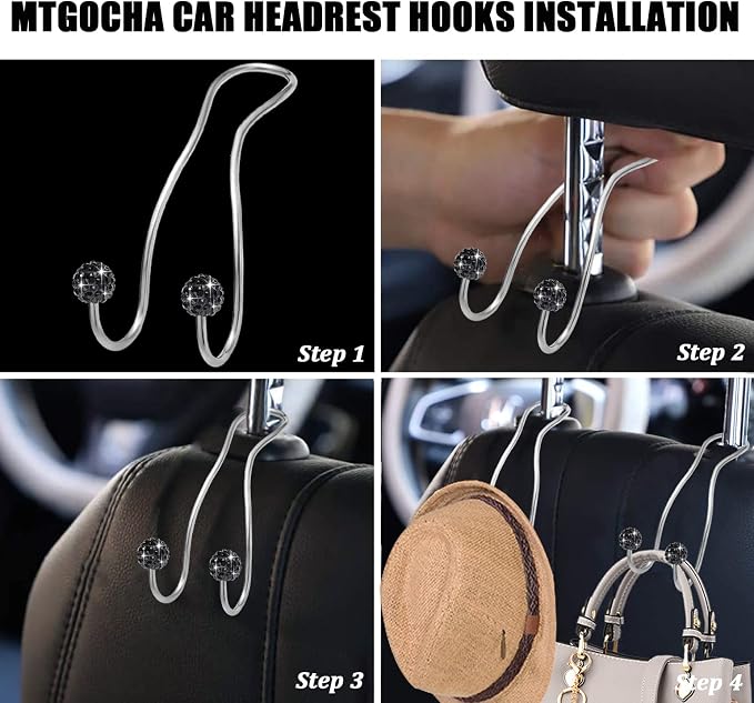 Bling Purse Hook for Car Headrest, Upgraded Cute Car Seat Hooks for Bag Handbag, Durable Stainless Auto Purse Hanger Holder 2 Pack, Black
