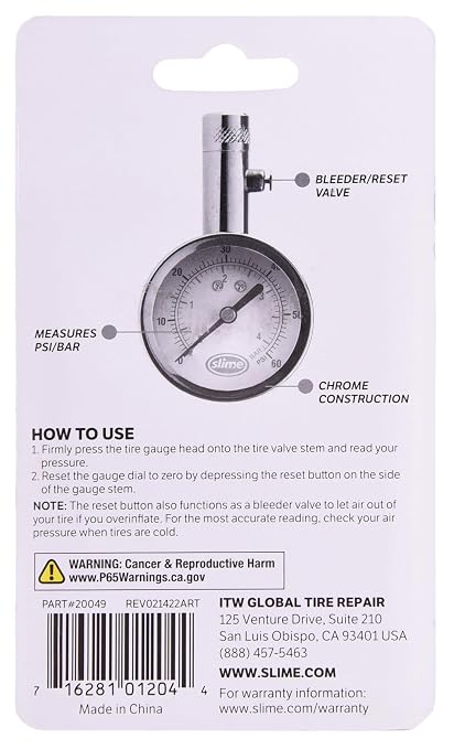 Slime 20049 Tire Pressure Gauge, Large Face Dial Analogue Gauge, 5-60 PSI