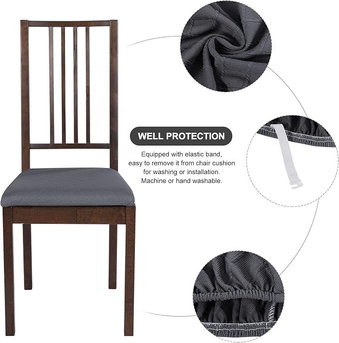 SearchI Seat Covers for Dining Room Chairs Stretch Jacquard Chair Seat Covers Set of 4, Removable Washable Upholstered Chair Seat Protector Cushion Slipcovers for Kitchen, Office(Grey Rhombus)