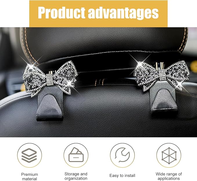 2 PCS Car Bling Seat Headrest Hooks, 3D Butterfly Bow Rhinestone Decoration Hook, Multi-function Storage Hanger for Purses and Bags, Cute Organizer for Car Rear Seat (Black)