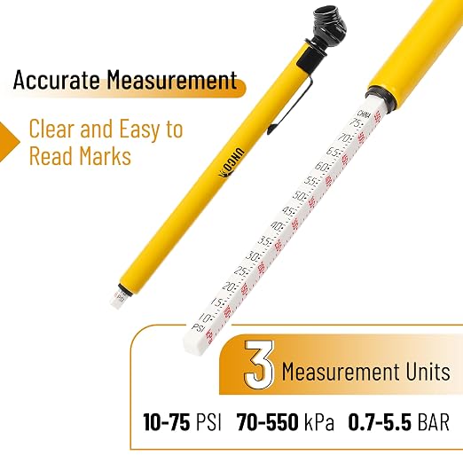 UNCO- Pencil Tire Pressure Gauge, 2 Pack, 10-75 PSI, Yellow, Stainless Steel Body, Metal Made Nozzle, Rust and Corrosion Resistant, Pencil Air Pressure Gauge for Tires, 3 Measurements for Cars, Bikes