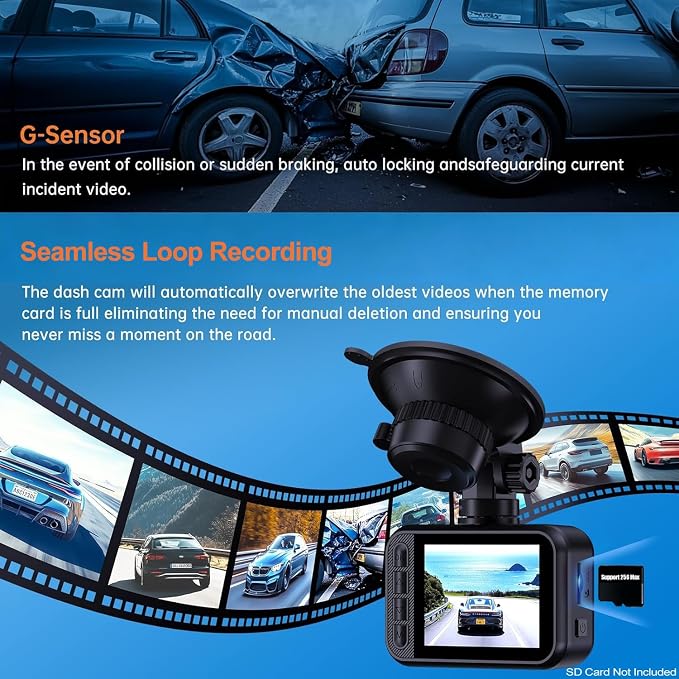 Dash Cam Front and Rear for Cars, 2.5K+1080P Dual Camera with 2" Screen | WDR Night Vision, 170° Lens, G-Sensor, Loop Recording, 360° Mount, Mini Design, 256GB Max, 24H Parking, SD Card Not Included