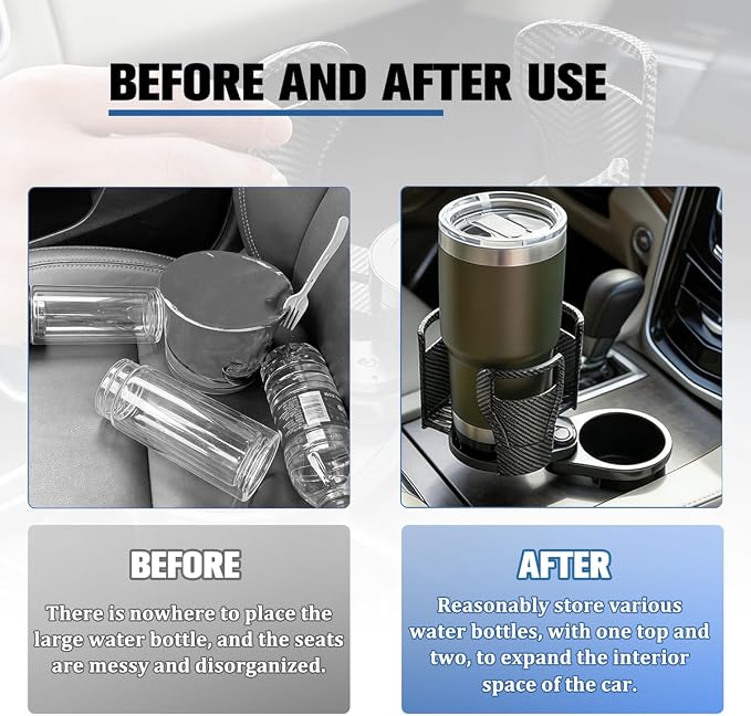 Car Cup Holder Expander, 2 in 1 Multifunctional 360° Rotating Water Bottles Holder Extender Adapter with Adjustable Base, Automotive Insert Drink Cup Adapter, Universal for Vehicles (Black)