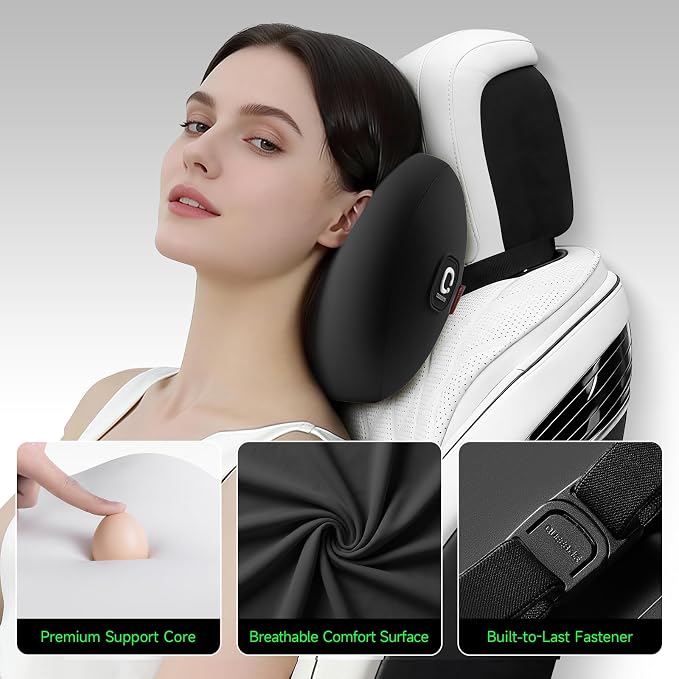 BEBAS Memory Foam Car Headrest Pillow - Breathable Neck Support Pillow for Driving, Universal Fit Cars/SUVs/Tesla/Toyota & Office Chair, Removable Cover (Black, 4-Season)