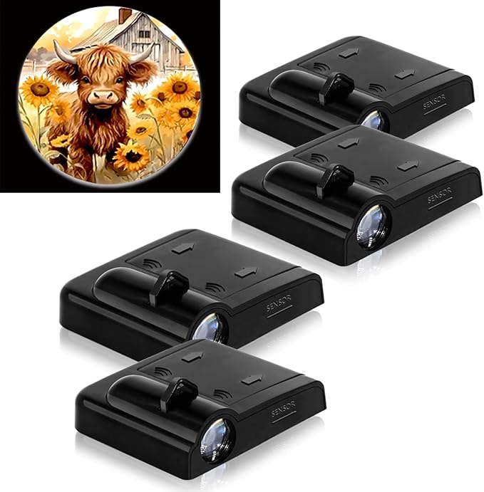 4PCS Car Door Lights,Sunflower Highland Cow Door Lights Logo Projector LED Shadow Welcome Lamp,Car Accessories Sunflower Cow Gifts for Men Women,Suitable for All Vehicles Motorcycle Bike