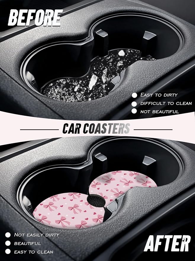 Car Cup Coasters,2 Pack Car Coaster,2.75inch Anti Slip and Absorbent Cars Coasters for Cup Holders,Car Accessories for Women,Cute Decor for Women (Heart Bowknot)