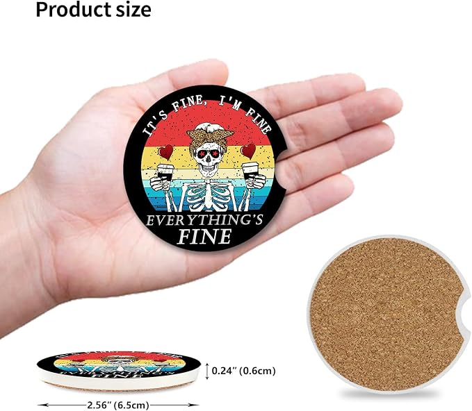 Funny Skull with Coffee Ceramic Cup Holders Car Coasters Set for Women/Men,2.56" 2 Pack for Absorbent Cup Car Holders, Coasters with A Finger Notch