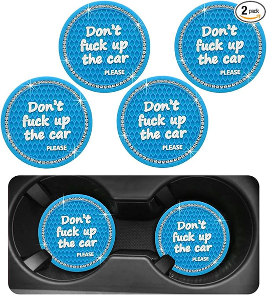 Ohleats Bling Car Cup Coaster, 2.75 Inch Non-Slip Don't Fuck Up My Car Please Cup Holder Insert Coaster, Crystal Rhinestone Auto Drink Cup Mat, Universal Car Accessories (Light Blue-4PCS)