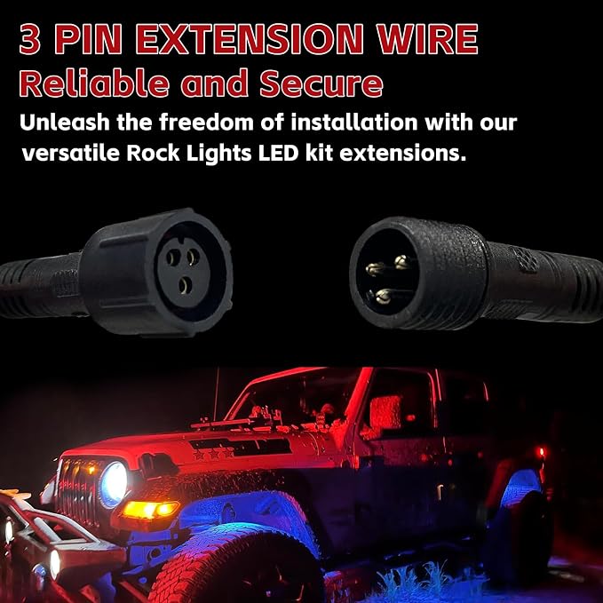 4 PCS 4FT 3 Pin Full Angle RGB Rock Light Extension Wire, Design for Our Brand's Neon Light Kits, Other Brands Must Meet Length of the Male Plug is 0.24 Inches and The Female is 0.39 Inches