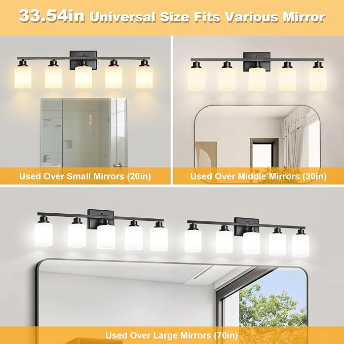 Unicozin 5-Light Bathroom Light Fixtures, Modern Black Vanity Light Over Mirror, Wall Sconces with Milky White Glass Shades for Living Room Bedroom Hallway E26 Base