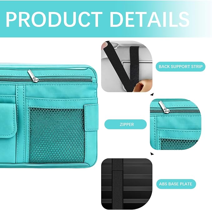 Car Sun Visor Organizer, Visor Accessories, Leather Sunvisor Pocket Organizer Case with Multi-Pocket Net Zipper, Waterproof Auto Sunshade Organizer Bag for Card Pen Sunglasses Document (Blue)