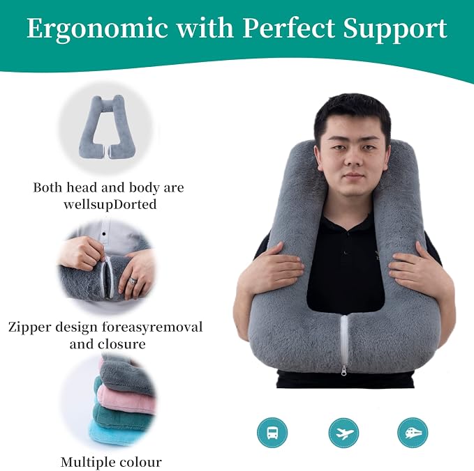 FHSGGP Travel Pillow Upgraded Version of Aircraft Travel Neck Pillow | With Storage bag, Sleep Pillows for Travel by Train, Car, or Plane, Supporting the Head and Body, Travel Pillow for Kids Grey