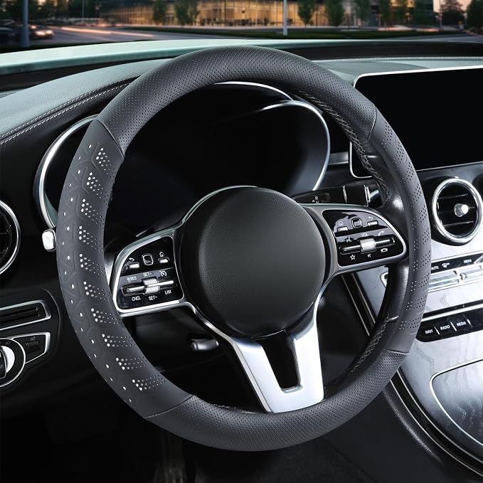3D Slim Soft 15 inch Leather Steering Wheel Cover Black with White | Breathable Anti-Slip Premium Skin-Feel Perforated Thin Nappa Leather, Universal 14.5 inch to 15 inch