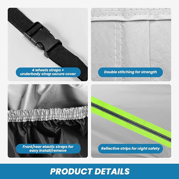 210D Oxford Car Cover Compatible with Jeep Wrangler 4 Door, Waterproof Outdoor Full Exterior SUV Protector, UV Rain Snow Dust, Windproof Straps, Reflective Strips, Silver, 197 x 79 x 75 in
