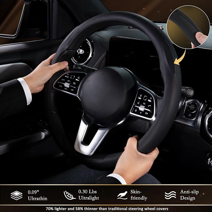 Aimato Car Steering Wheel Cover, Ultra-Thin Car Steering Wheel Cover,Comfortable & Breathable Microfiber,Universal Fit for Most Cars, Black